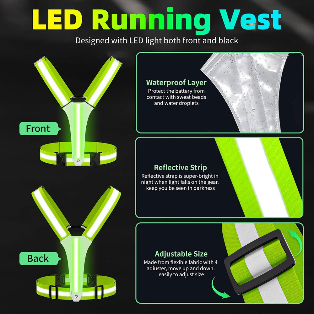 Vabena LED Reflective Running Vest - USB Rechargeable & Waterproof Phone Pouch
