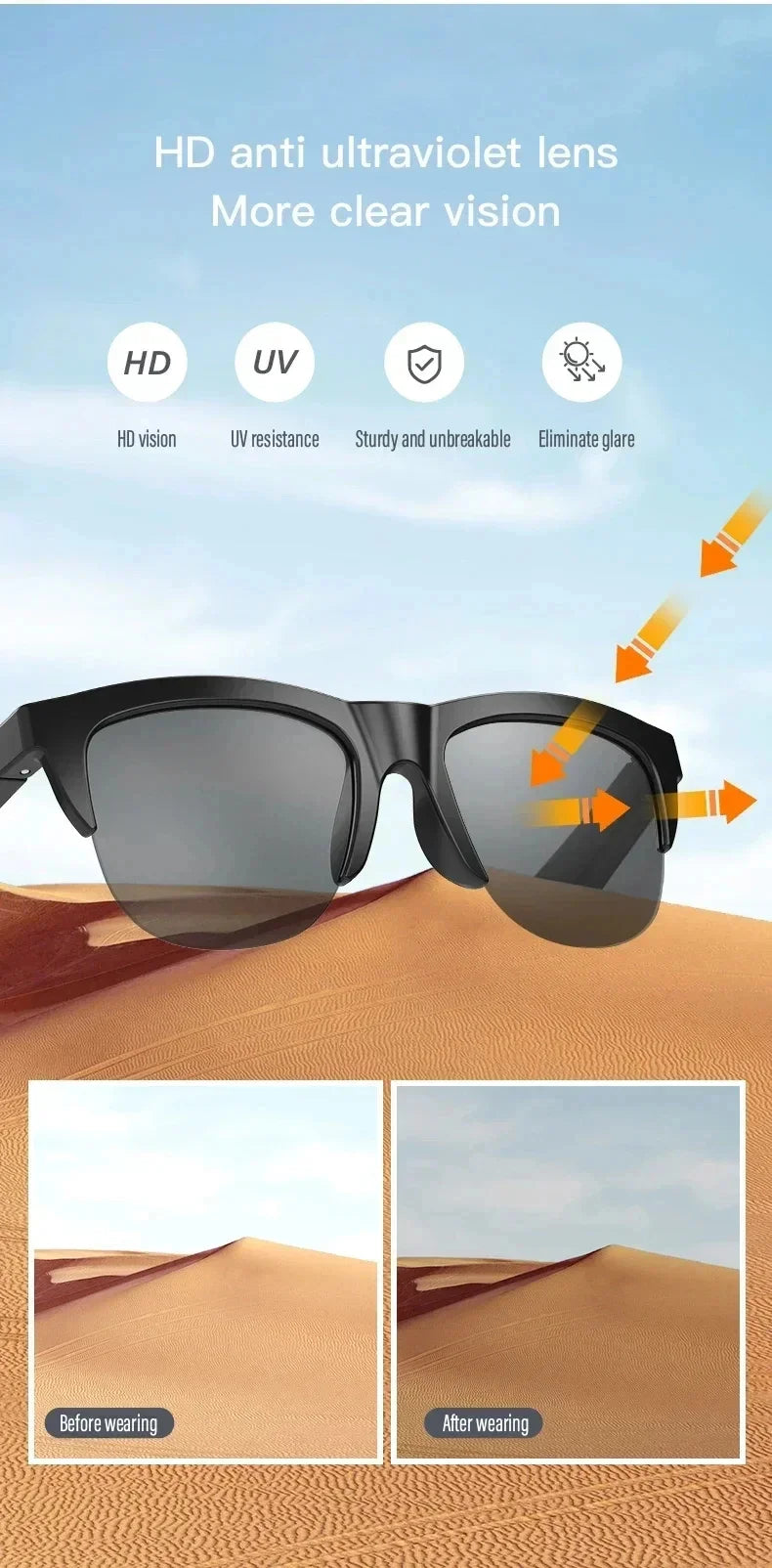 DIXSG Smart Sunglasses with Bluetooth Audio & Blue Light Protection