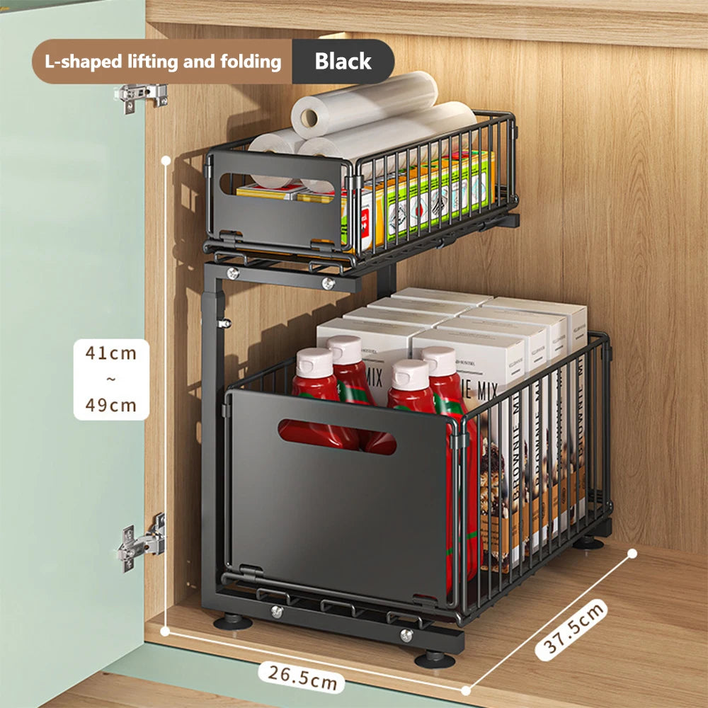 2-Tier Pull-Out Cabinet Organizer - Adjustable Under Sink Storage & Spice Rack