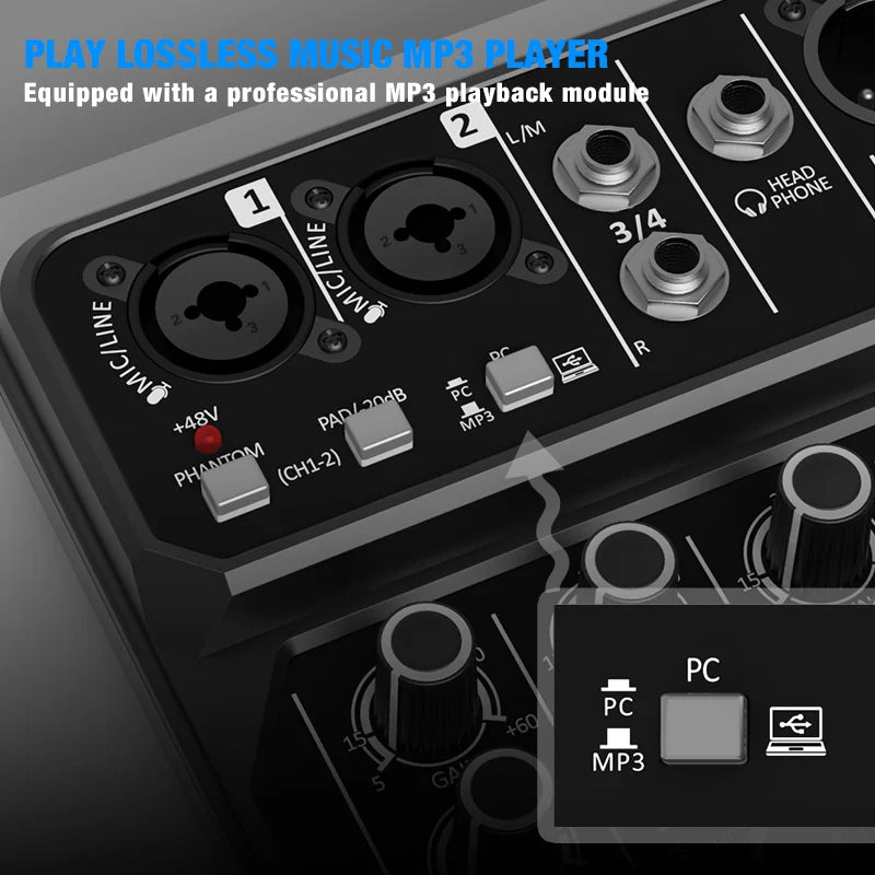 4-Channel Bluetooth Audio Mixer Console with 48V Phantom Power for USB Computer & Karaoke