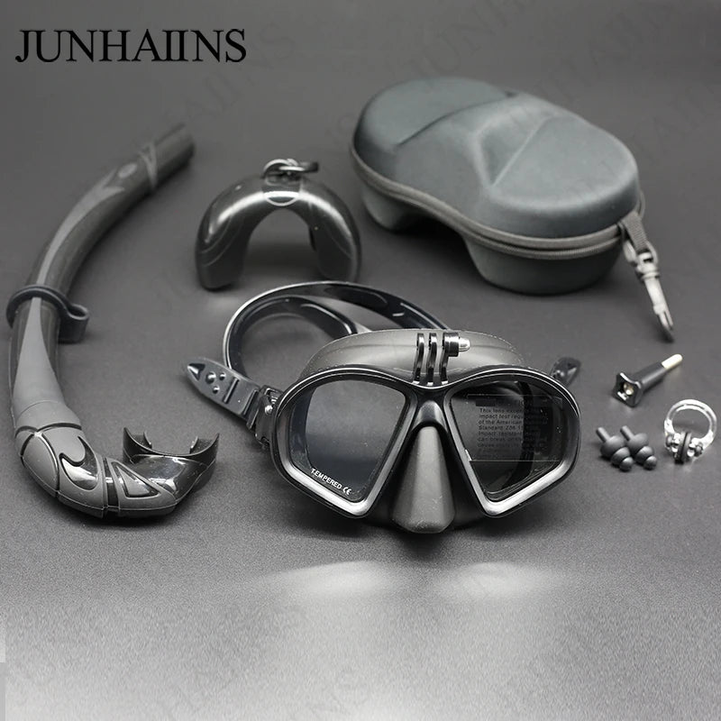Low Volume Freedive Mask & Snorkel Set with Camera Mount - Tempered Glass Black