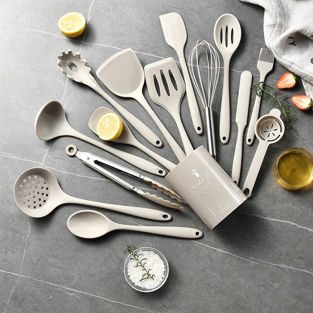 15-Piece Khaki Food Grade Silicone Kitchen Utensil Set