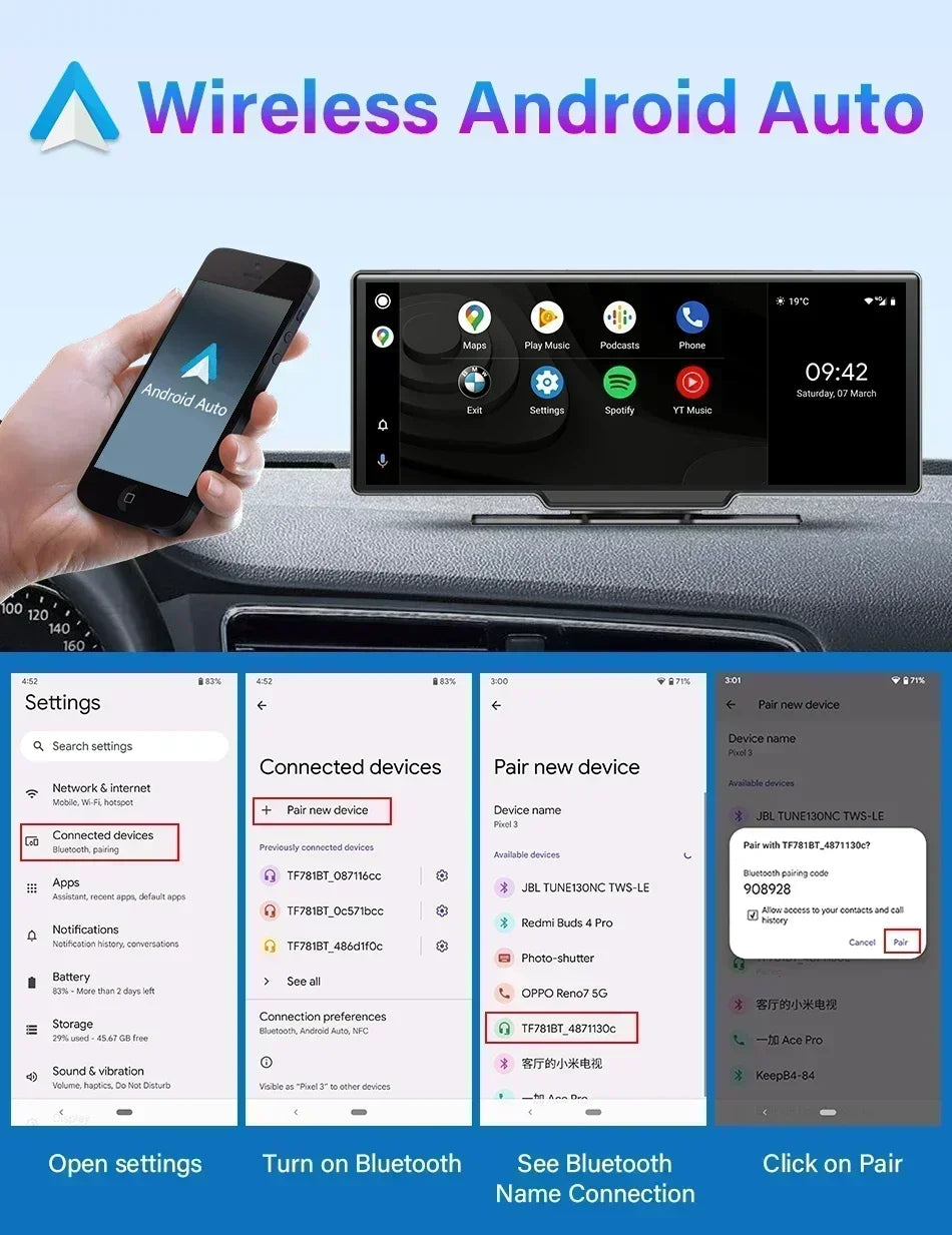 Srnubi 10.26" 4K Dash Cam with CarPlay, Android Auto & GPS