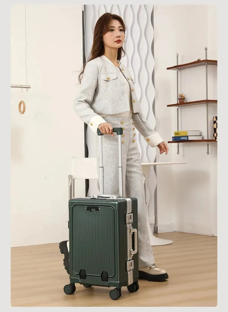 Vabena Front Opening USB Charging Aluminum Carry-on Suitcase
