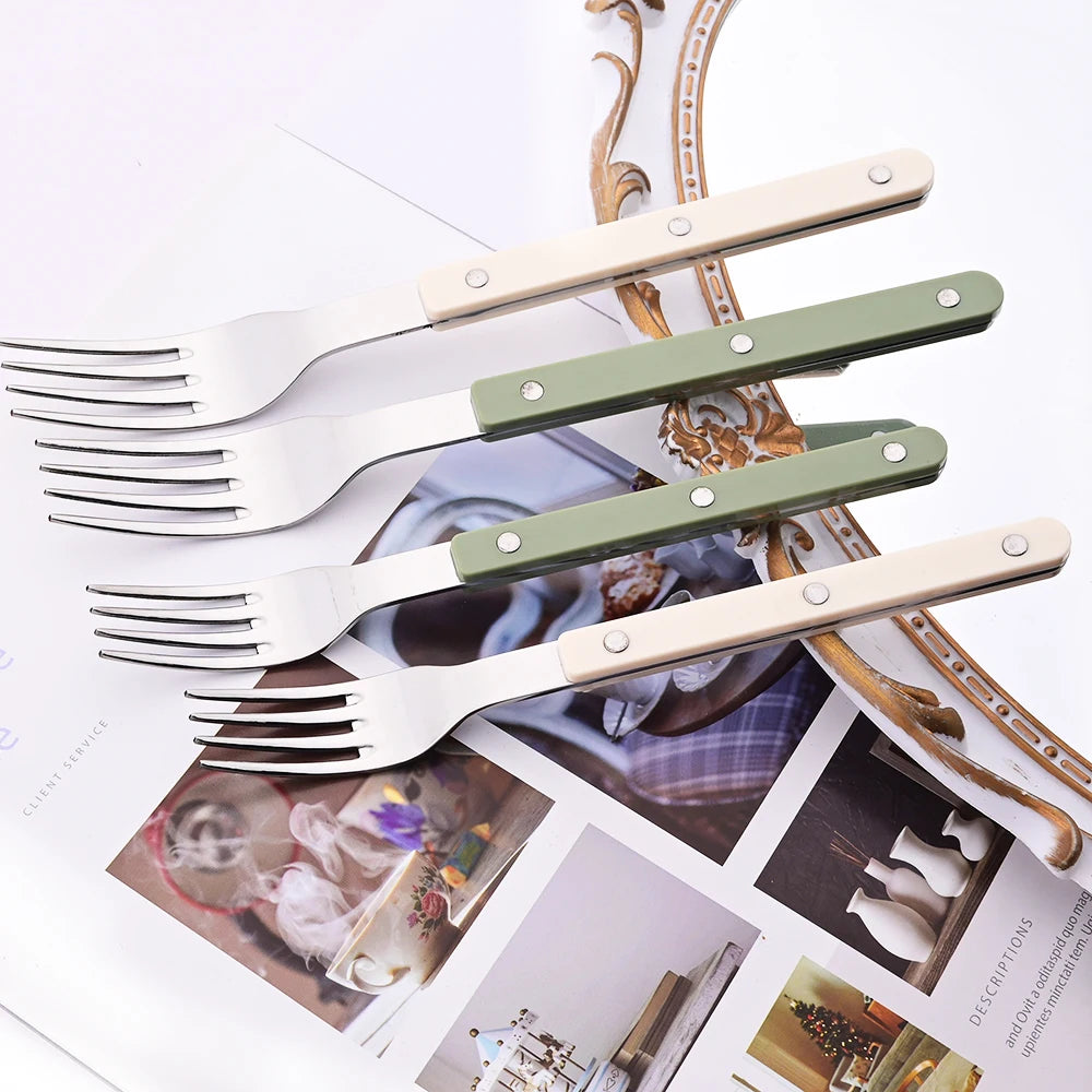 Elegant Beige Silver Acrylic Handle Cutlery Set - 4/16 Pc Stainless Steel Dinnerware