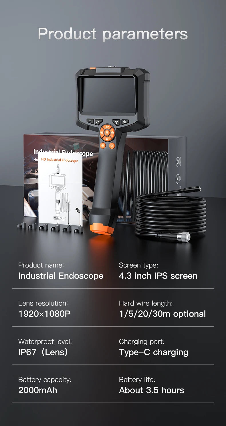 4.3" Dual Lens 1080P HD Industrial Endoscope Camera | Waterproof Car & Sewer Borescope with LED