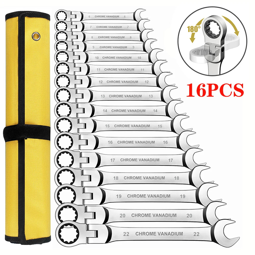 Ratcheting Flex Head Spanner Set | 6-23mm Metric Wrench Kit