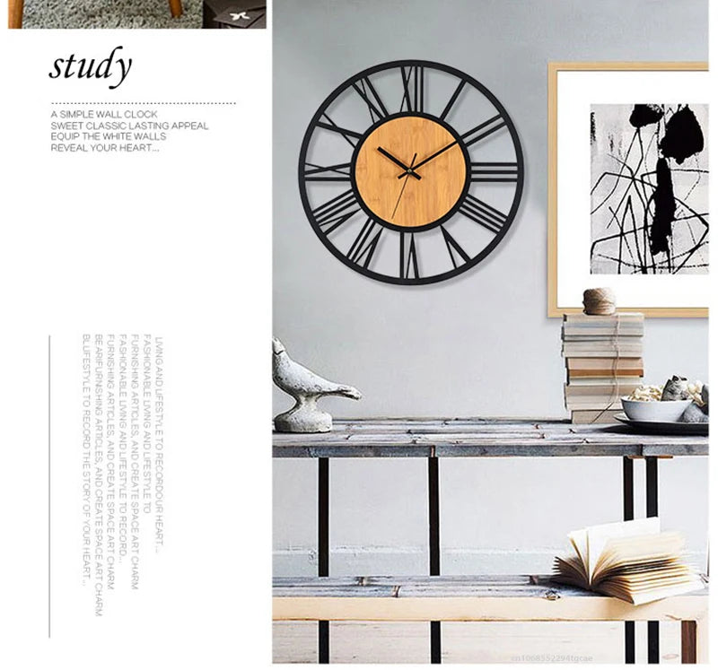 Nordic Retro 3D Large Wall Clock - Silent Roman Numerals Wood Metal Iron Decor