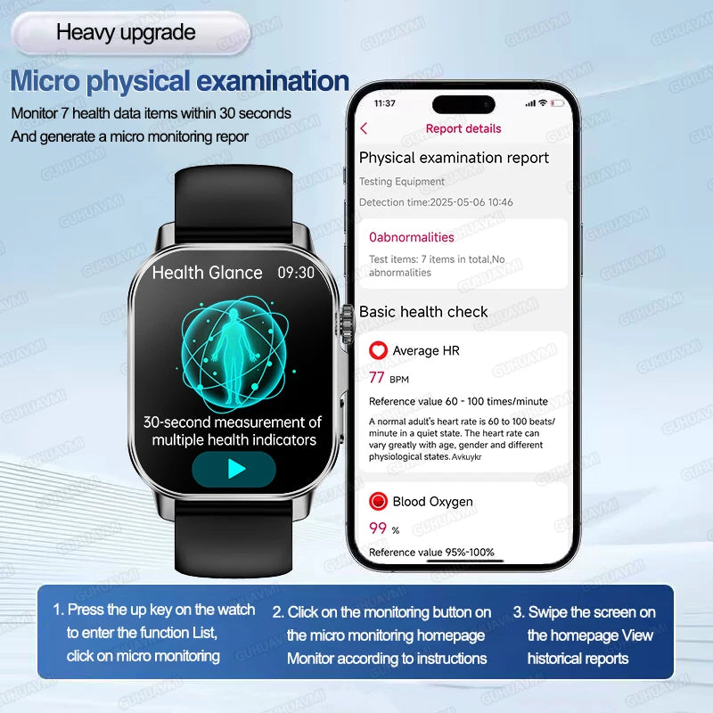 Vabena Men's ECG Smartwatch: Accurate Health Diagnosis with Blood Pressure, Oxygen, Fat, Uric Acid & Temp Monitoring