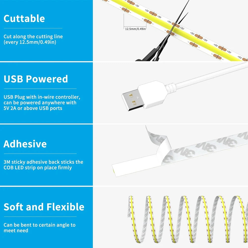 CENFAYA USB Tuya Zigbee COB LED Strip 1m/2m | Smart Home Lighting