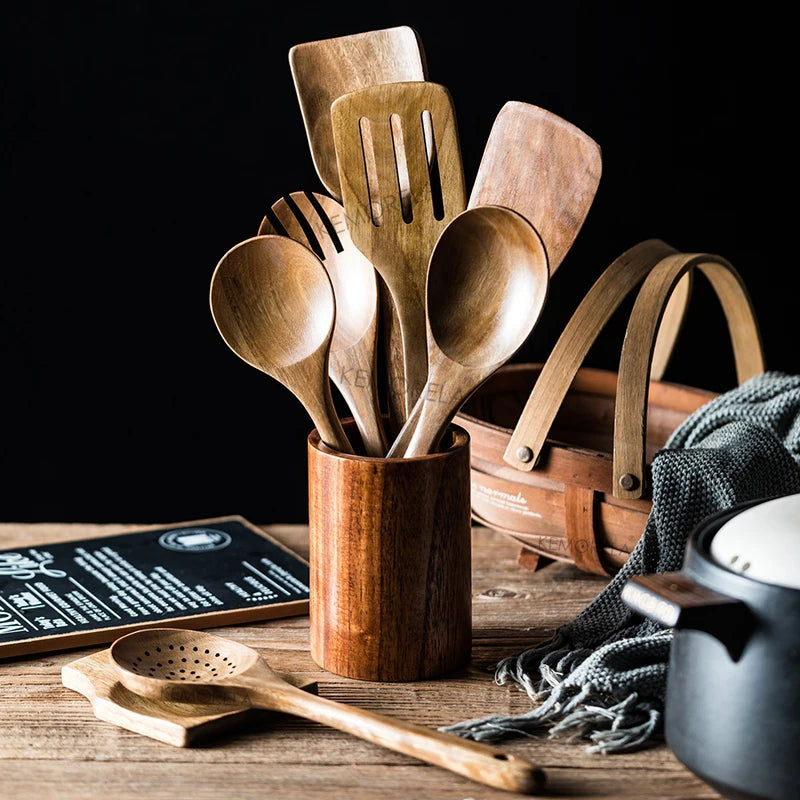 9-Piece Teak Wooden Cooking Utensil Set with Holder