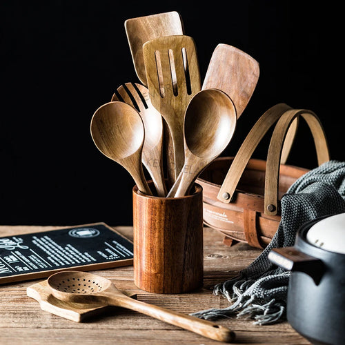 9-Piece Teak Wooden Cooking Utensil Set with Holder