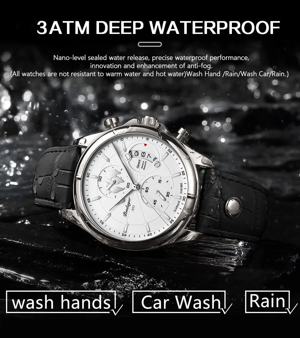 POEDAGAR Luxury Chronograph Watch for Men - Waterproof, Leather Strap, Date