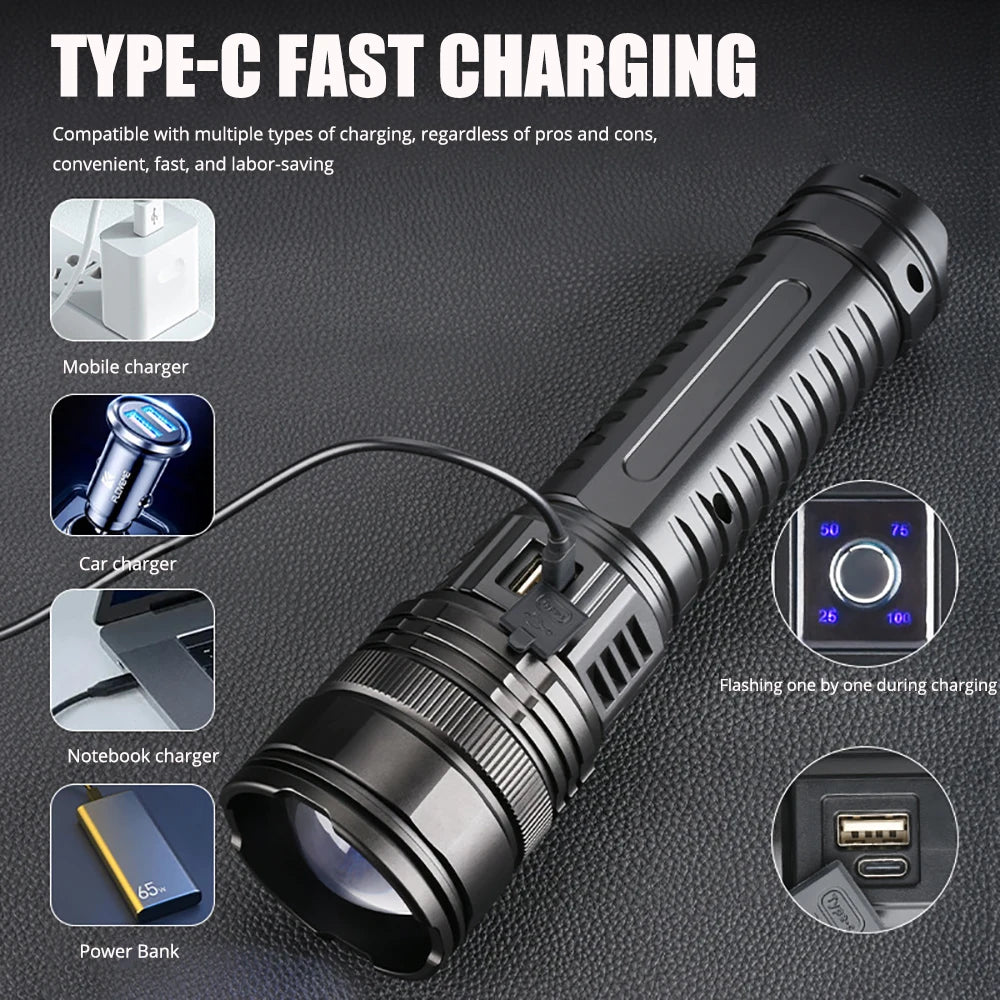 Vabena 10000LM 800W Tactical Flashlight - 4km Beam, Powerbank
