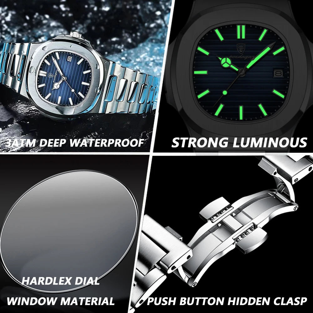 POEDAGAR Men's Square Luxury Quartz Watch - Waterproof, Luminous Date, Stainless Steel for Business & Sport