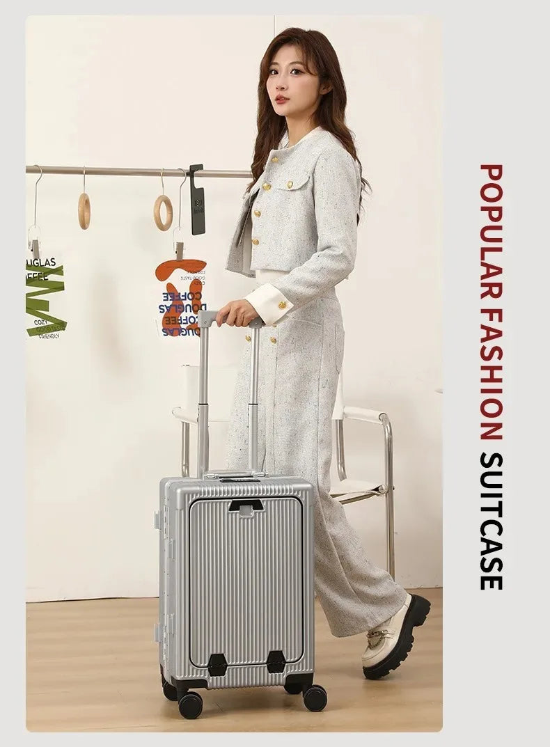 Vabena Front Opening USB Charging Aluminum Carry-on Suitcase