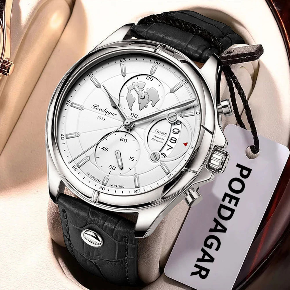 POEDAGAR Luxury Chronograph Watch for Men - Waterproof, Leather Strap, Date
