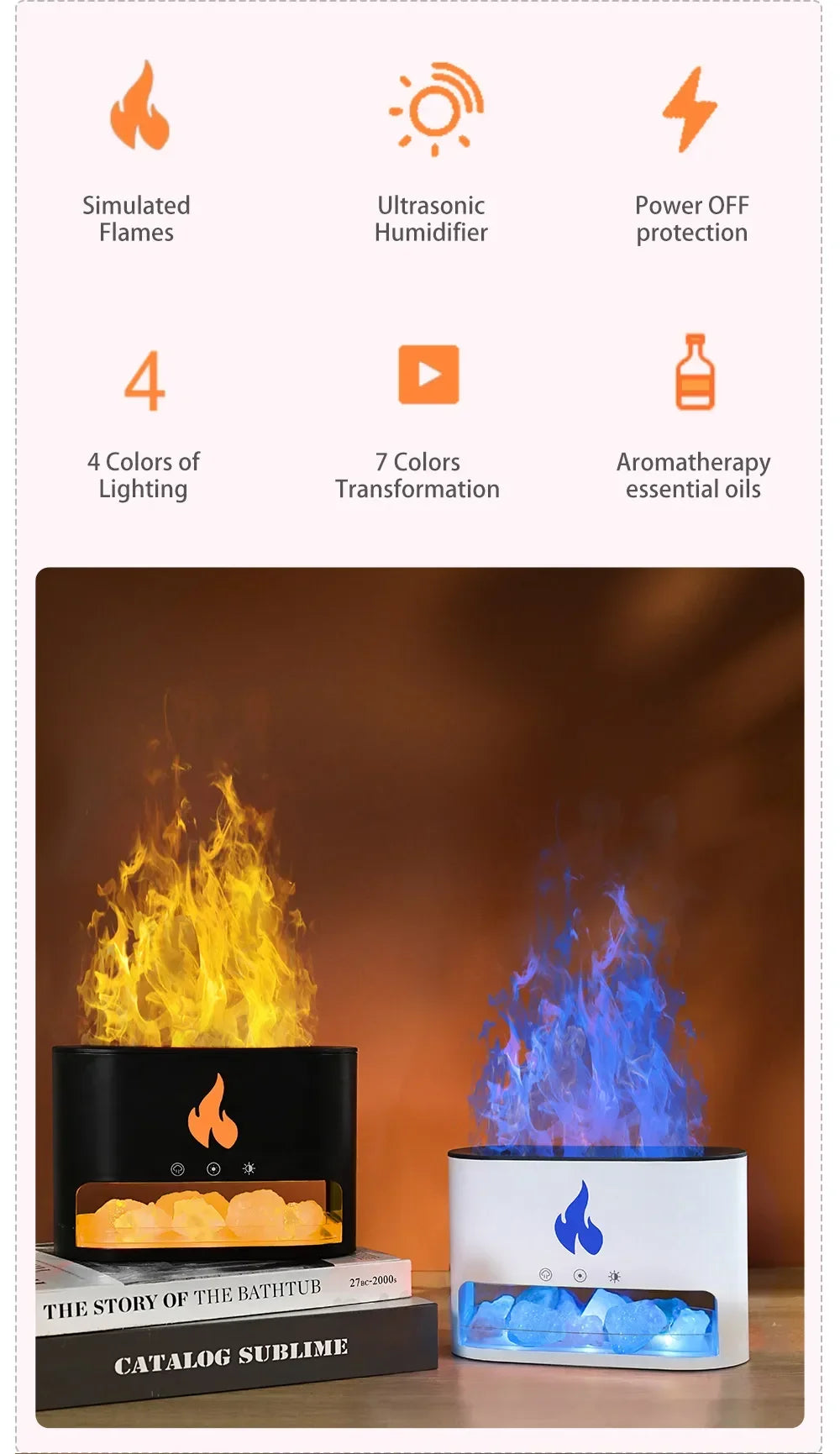 7-Color Flame Volcano Diffuser & Humidifier | Crystal Salt Lamp Fire Effect