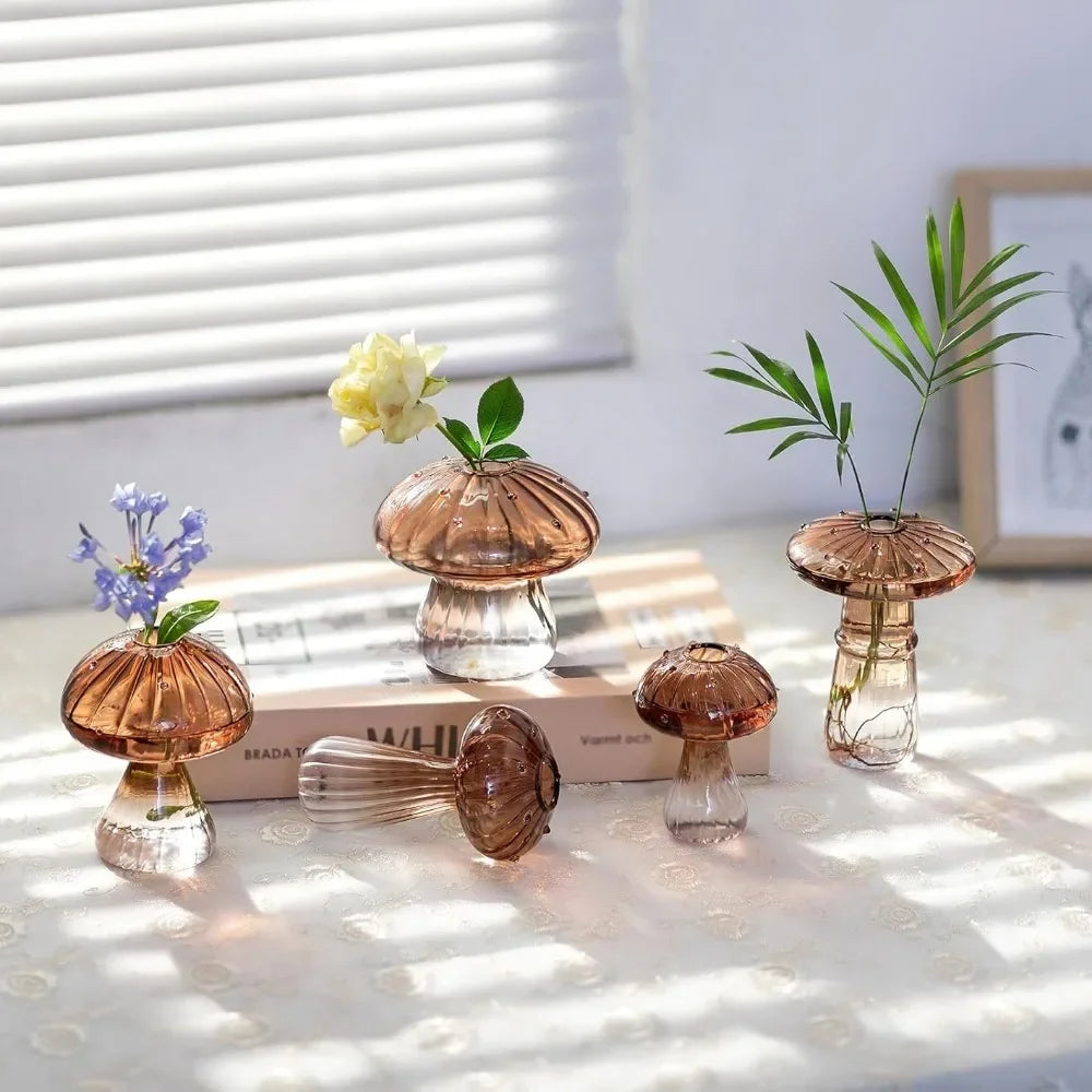 5Pcs Colourful Mushroom Glass Vases | Hydroponic Flower Pots Home Decor