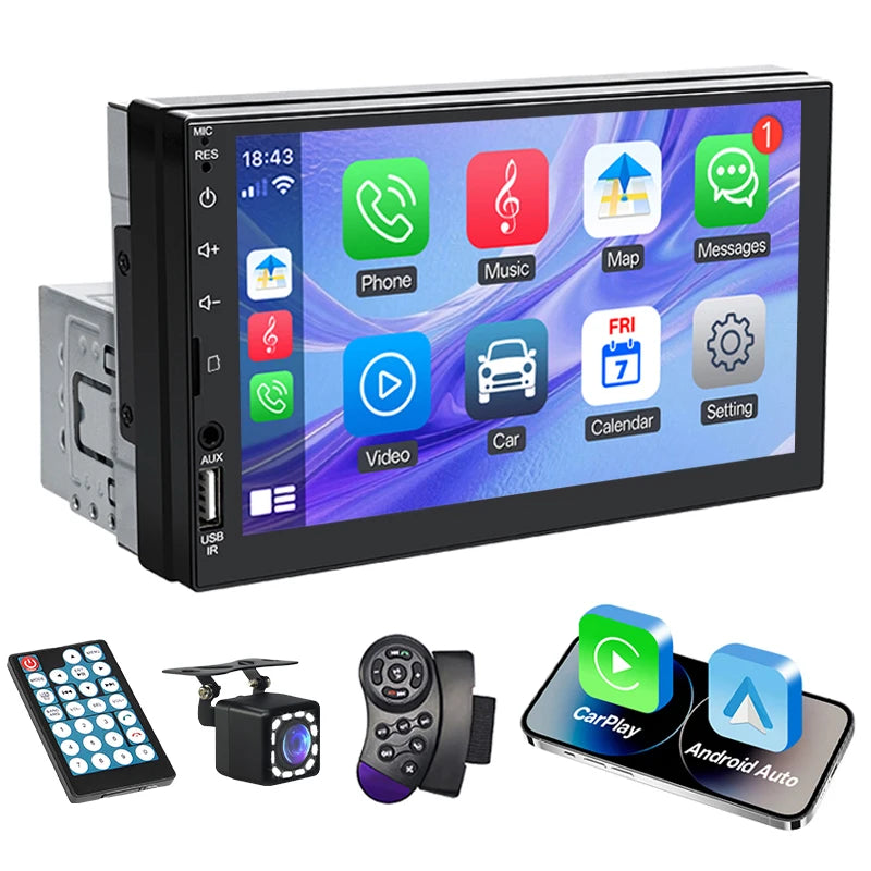 Hippcron 7" 1 Din Car Radio - CarPlay Android Auto Multimedia Player