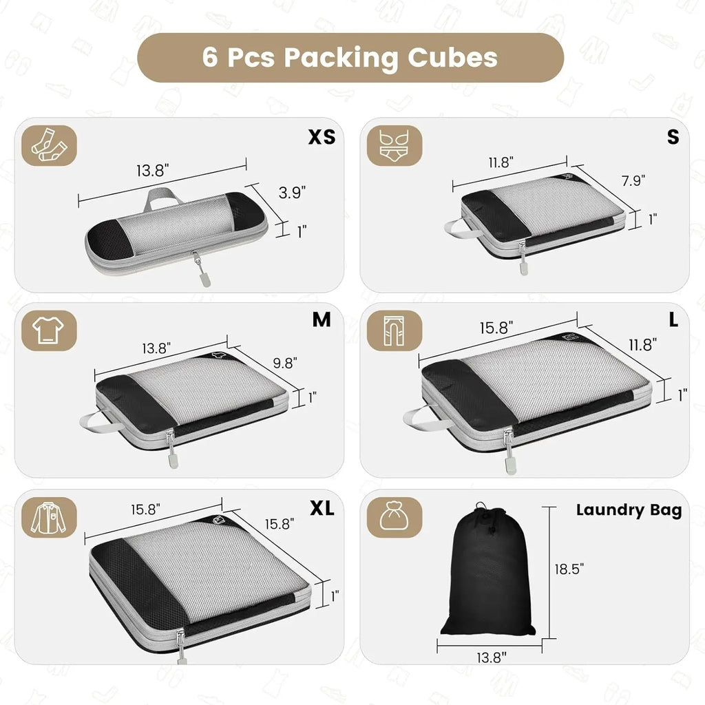 6PCS Travel Compression Packing Cube Set with Shoe Bag | Luggage Organizer