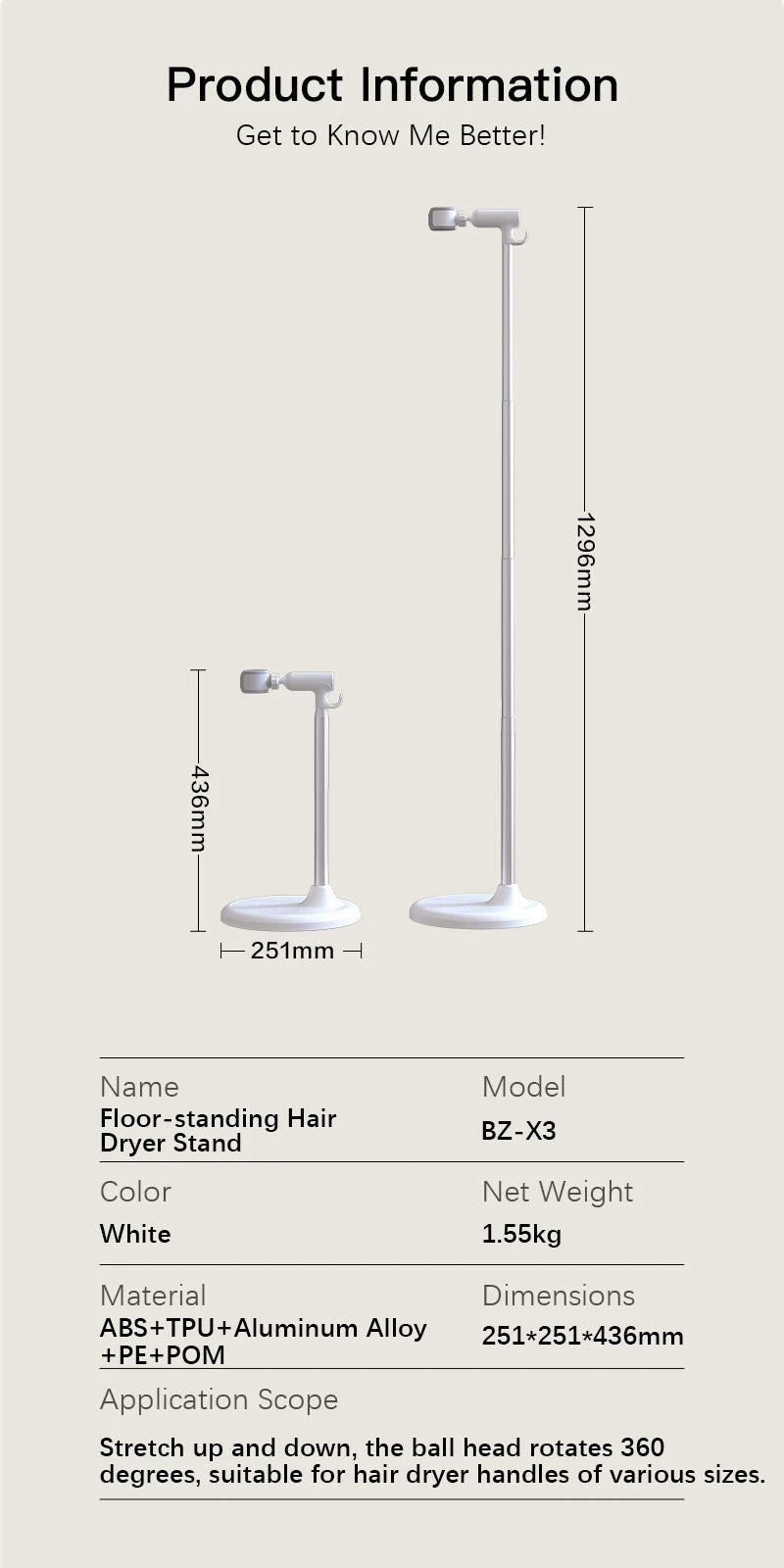 Floor-Standing Hair Dryer Stand - Adjustable, Hands-Free Convenience for Bathrooms
