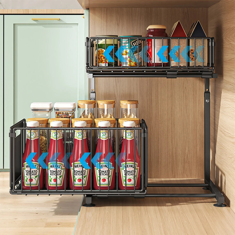 2-Tier Pull-Out Cabinet Organizer - Adjustable Under Sink Storage & Spice Rack