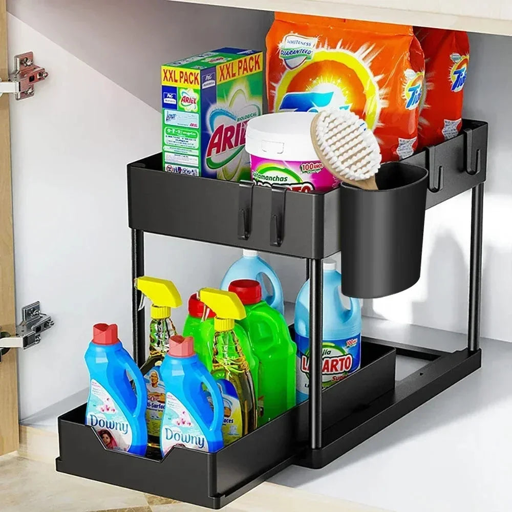 2-Tier Under Sink Organizer - Sliding Cabinet Basket Storage Rack for Bathroom & Kitchen