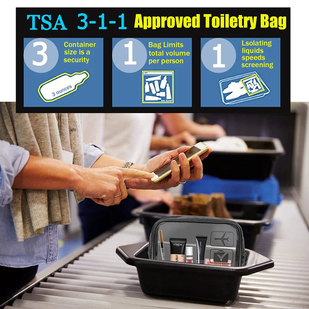 Vabena 3 Pcs Clear Travel Toiletry Bags - Airport Compliant Cosmetic Pouches