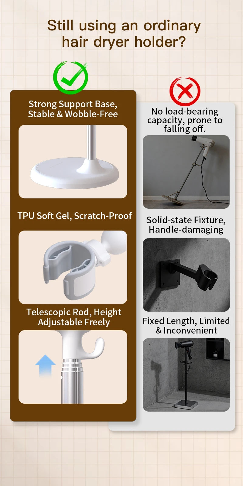 Floor-Standing Hair Dryer Stand - Adjustable, Hands-Free Convenience for Bathrooms