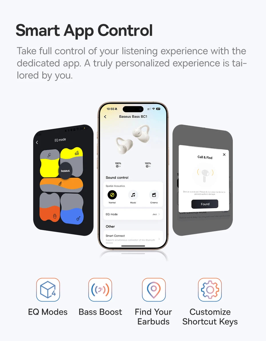 Baseus BC1 Open Ear Clip Earbuds - Wireless Bluetooth 6.0 Sports Headphones with 4-Mics & Super Bass IP55