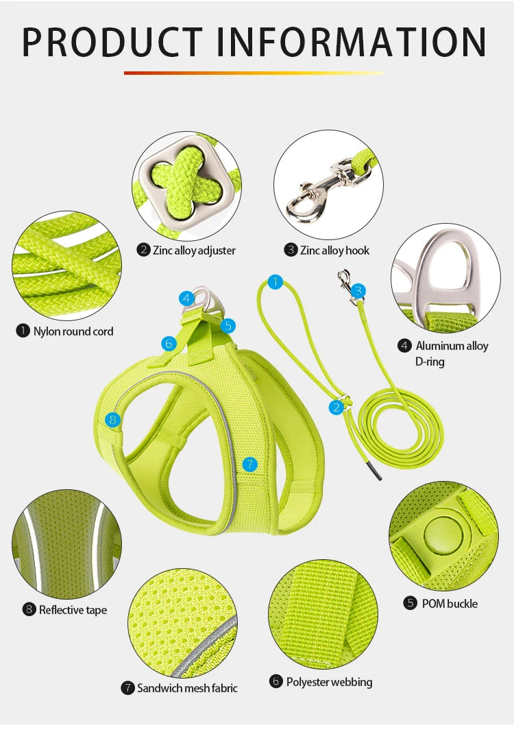 Dog Harness Leash Set - Adjustable, Reflective for Small to Medium Pets