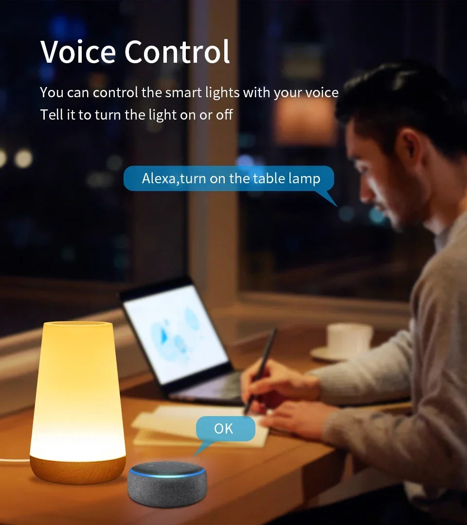 TUYA WiFi Smart LED Touch Bedside Lamp - Dimmable Night Light with USB, Alexa, Google Home