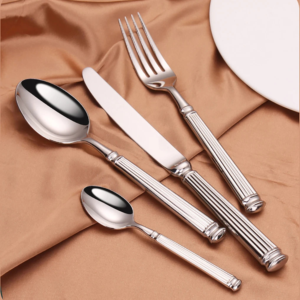 Elegant Striped Silver Cutlery Set - Premium Stainless Steel 304