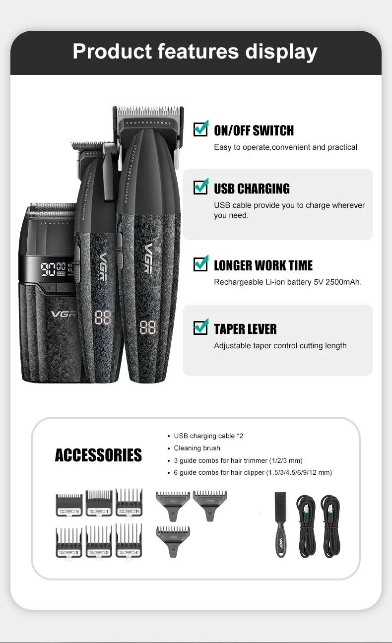 VGR Professional Cordless Hair Trimmer - Electric Clippers
