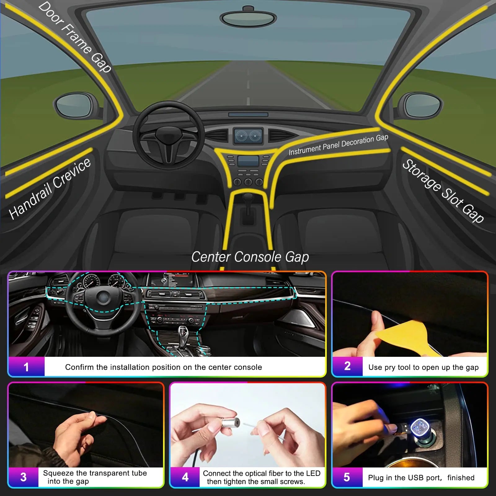 LED Car Interior Ambient Lighting Kit - RGB App Control Fiber Optic Strips