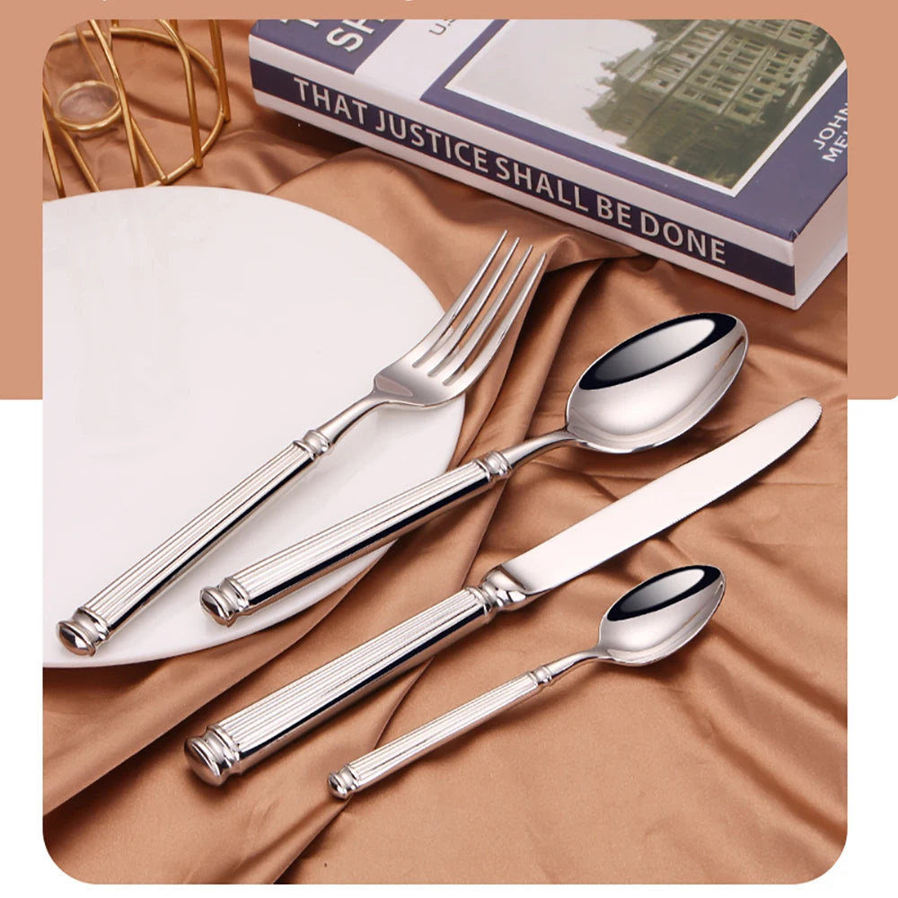 Elegant Striped Silver Cutlery Set - Premium Stainless Steel 304