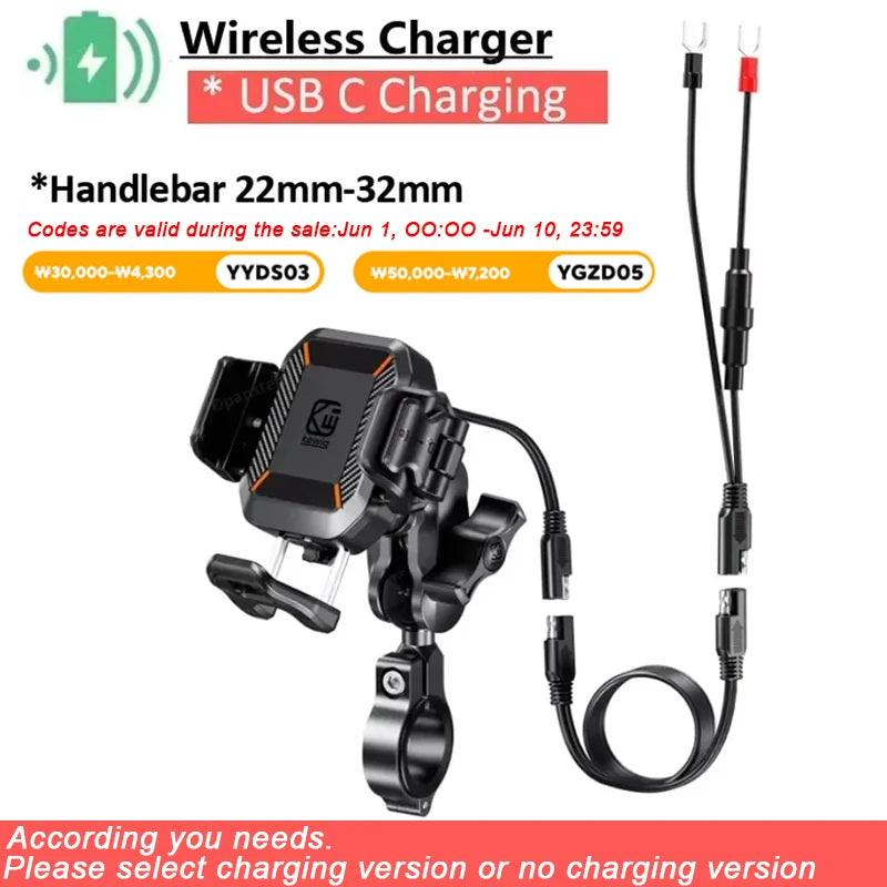 Apex Rush Motorcycle Phone Holder - 15W Wireless & USB-C Fast Charger
