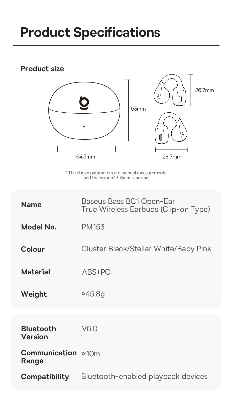 Baseus BC1 Open Ear Clip Earbuds - Wireless Bluetooth 6.0 Sports Headphones with 4-Mics & Super Bass IP55