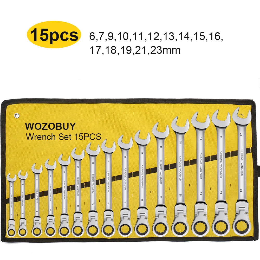 Ratcheting Flex Head Spanner Set | 6-23mm Metric Wrench Kit