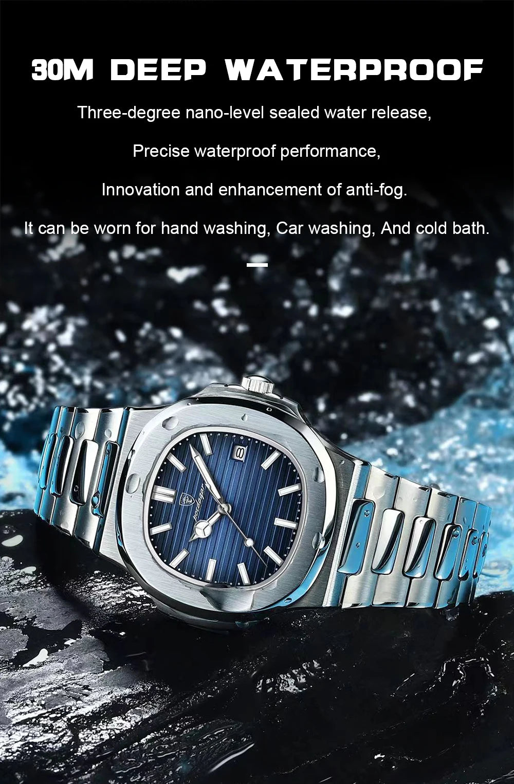 POEDAGAR Men's Square Luxury Quartz Watch - Waterproof, Luminous Date, Stainless Steel for Business & Sport