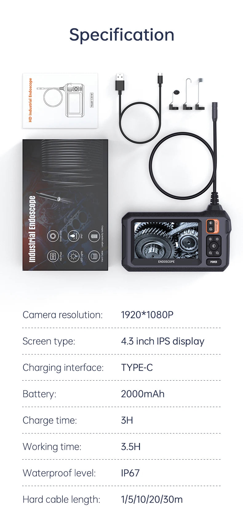 Vabena Industrial Endoscope Camera 8mm HD | 4.3" IPS Screen | IP67 for Car & Pipe