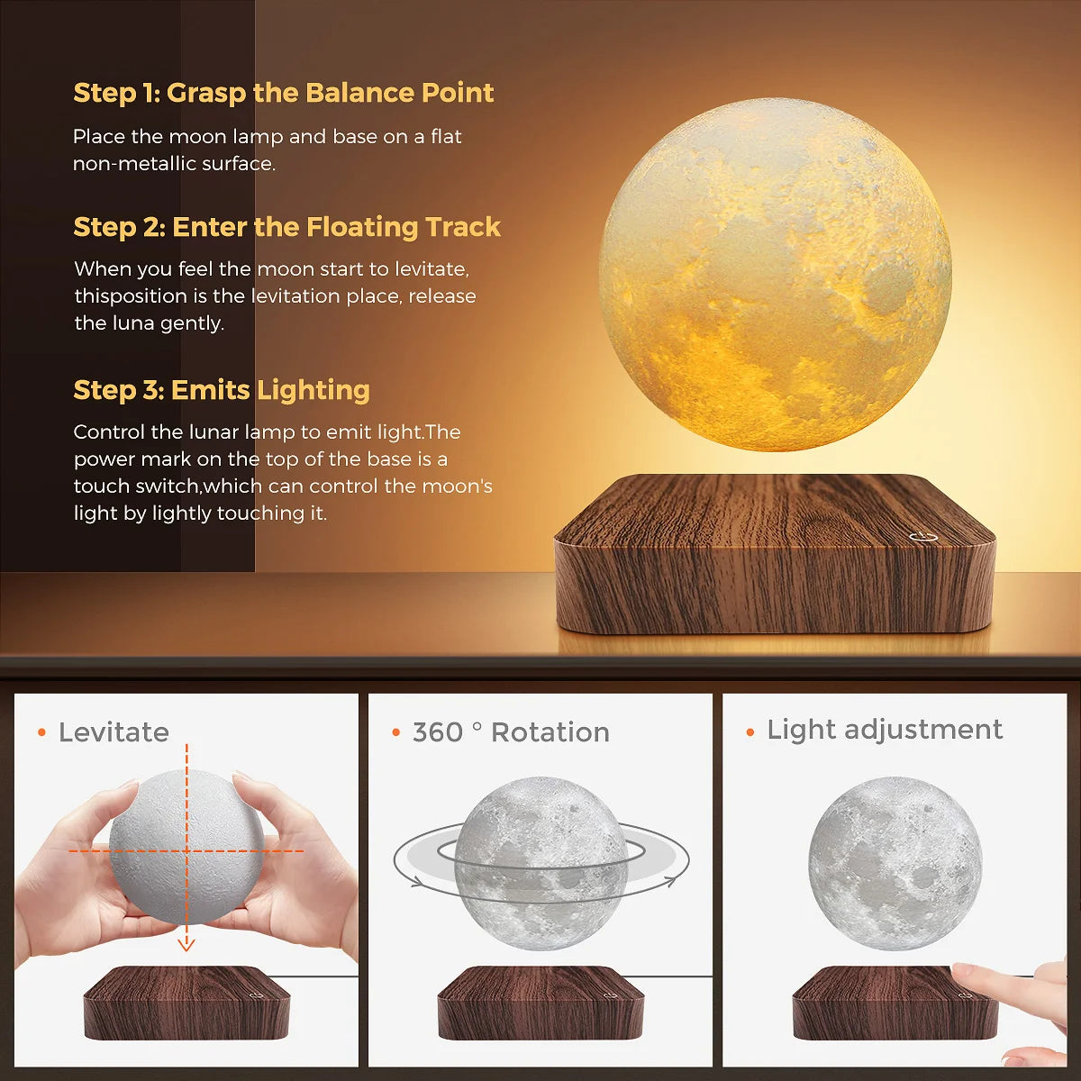 Levitating Moon Lamp - Magnetic Floating Luna Night Light with 3 Color Modes