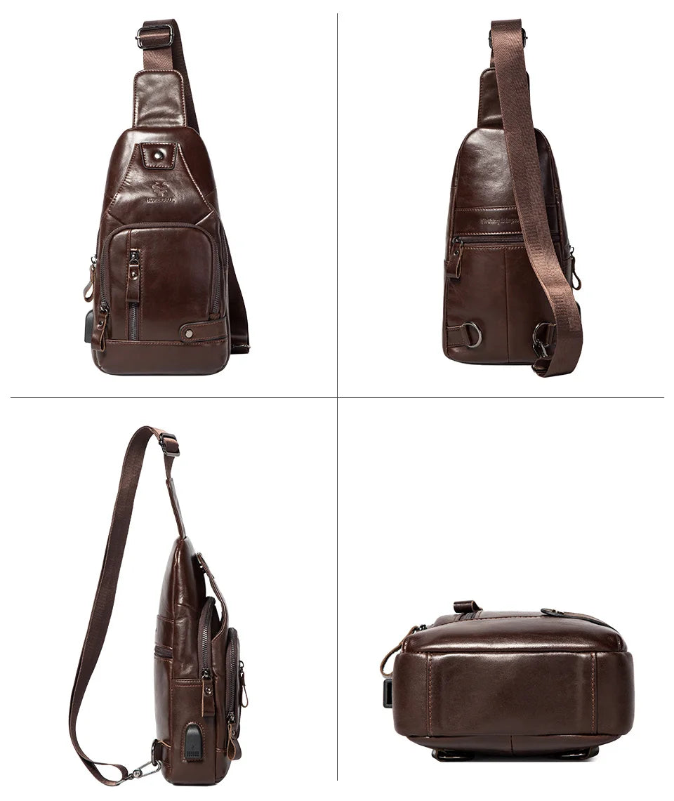 HUMERPAUL Men's Genuine Leather USB Crossbody Chest Bag - Travel & Fashion