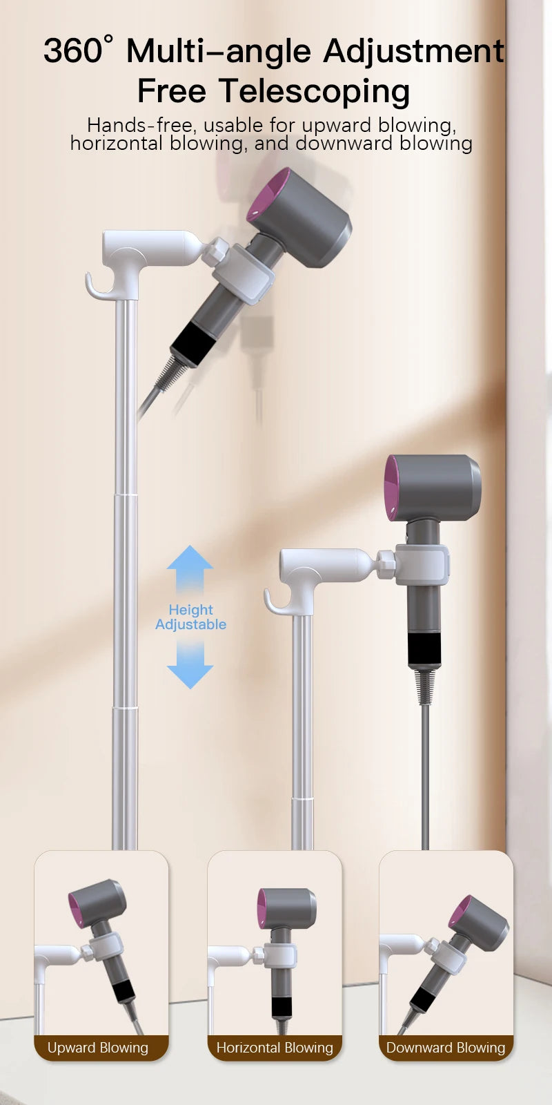 Floor-Standing Hair Dryer Stand - Adjustable, Hands-Free Convenience for Bathrooms