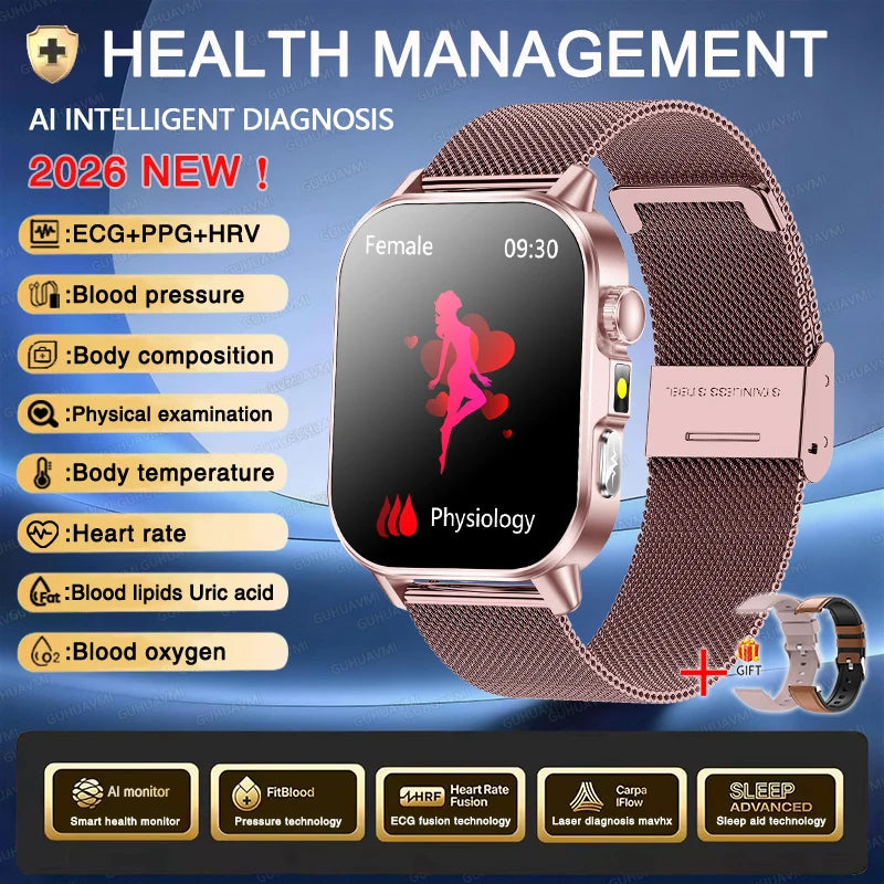 Vabena Men's ECG Smartwatch: Accurate Health Diagnosis with Blood Pressure, Oxygen, Fat, Uric Acid & Temp Monitoring