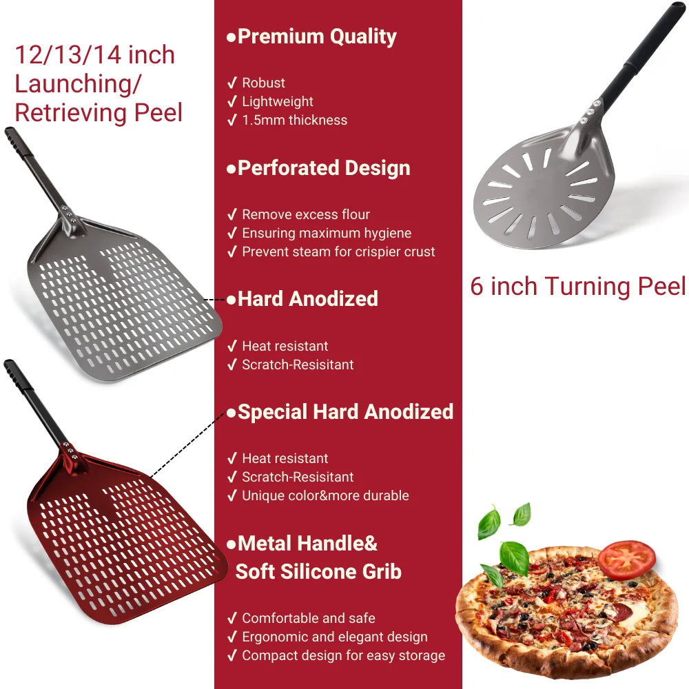 6-14 Inch Hard Anodized Aluminum Pizza Peel – Durable Oven Spatula & Bread Paddle