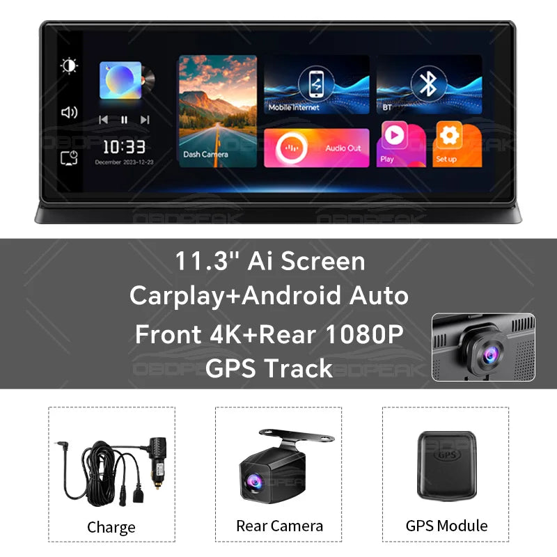K2 Pro 11.3" 4K Wireless CarPlay Android Auto Dash Cam with GPS & Dual Lens