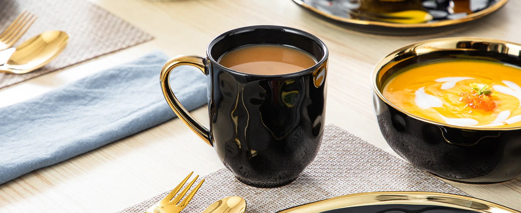 LOVECASA 16/32-Piece Black Porcelain & Gold Dinnerware Set