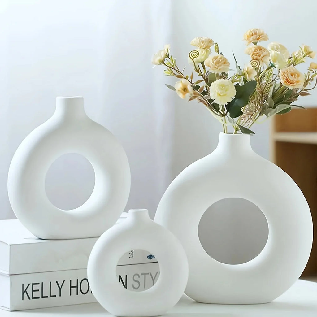 Modern Boho Ceramic Donut Vase - White & Beige Decor